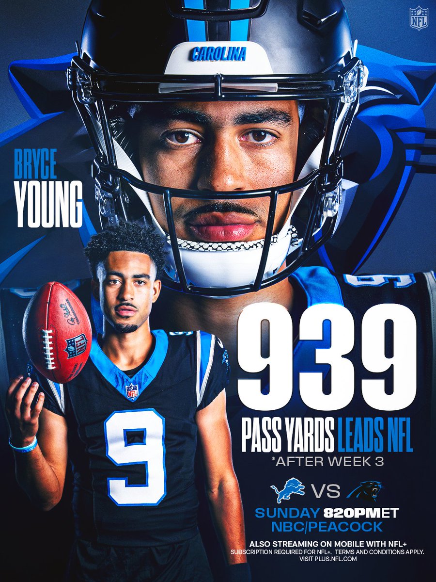 .@​_bryce_young has been airing it out to start the season 💪🎯

@​DETvsCAR – Sunday 8:20pm ET on NBC/Peacock
Stream on @​NFLPlus 
 [📷](https://pbs.twimg.com/m