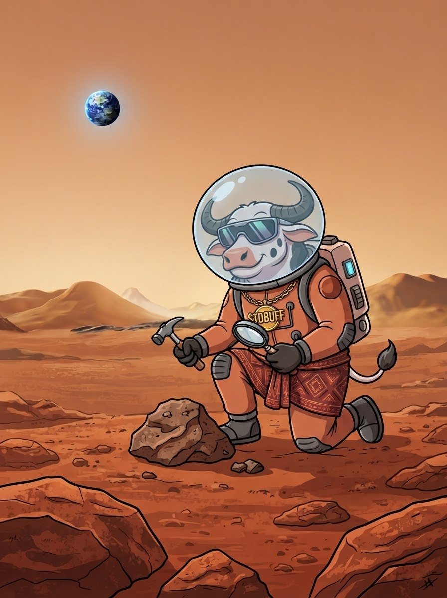 TorajaaBuffalo's tweet photo. To the moon? Nah, TOBUFF is already exploring Mars! 🚀🔴
Just a buffalo astronaut doing some geology on Mars. 🧑‍🚀🐂

#mars #tobuff #solana #pumpfun #memecoin https://t.co/ofIcpji1oh