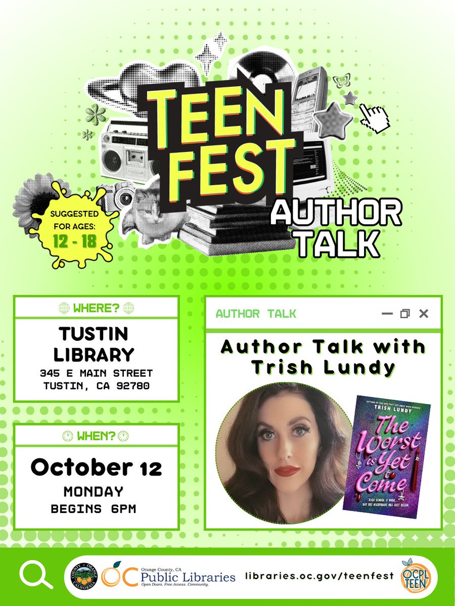 ocpublib's tweet photo. TeenFest presents! Author Trish Lundy
Mon | Oct 12 | 6pm
Tustin Library

For more information: https://t.co/hBeK7DWEHE https://t.co/hxwUfny6Ps
