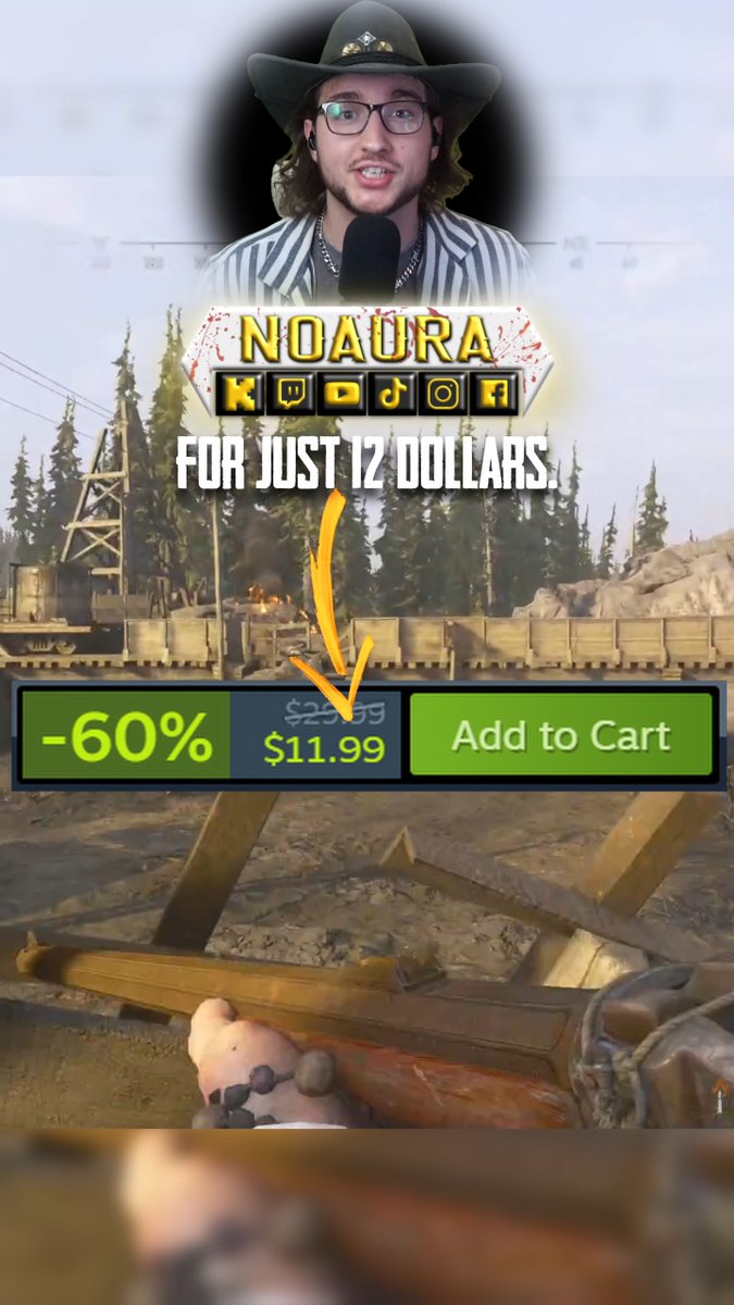 A promotional video screenshot features a man in a cowboy hat and striped shirt above the text 'NOAURA FOR JUST 12 DOLLARS' and an '-60%' discount tag pointing to an 'Add to Cart' button, set against a video game background.