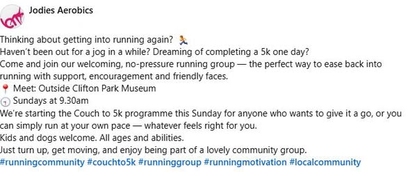 Stag_RosePPG's tweet photo. #sunday Jodies Aerobics Run Club - friendly & supportive.
All ages and abilities welcome, including your four legged friends!
Full details below.
#runningcommunity #couchto5k #runclub #AllAges https://t.co/oBIXhwVBSa