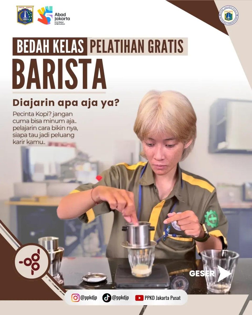 MikaelDewabrata's tweet photo. Kelas barista GRATIS. Syarat: KTP Jakarta. https://t.co/KFCqseJ6Qy