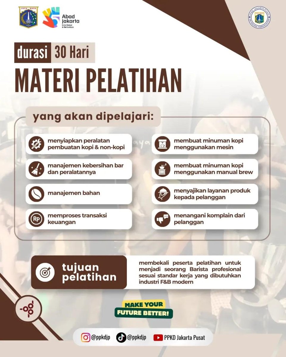 MikaelDewabrata's tweet photo. Kelas barista GRATIS. Syarat: KTP Jakarta. https://t.co/KFCqseJ6Qy