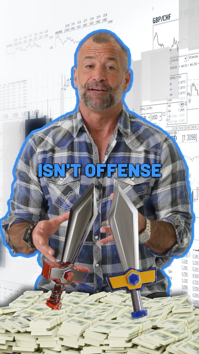 A bearded trader in a plaid shirt stands between two large toy swords with the caption "ISN'T OFFENSE," backed by forex charts showing GBP/CHF and USD/EUR pairs and surrounded by stacks of cash, reinforcing the post's message about prioritizing capital protection and risk management over aggressive trading.