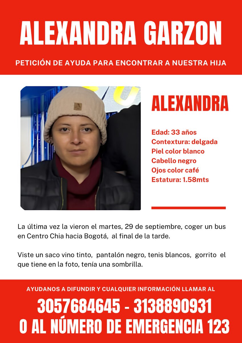 UltimaHoraCR's tweet photo. #ServicioSocial | Alejandra Garzón, mujer de 33 años,  fue vista por última vez el martes 29 de septiembre aproximadamente a las 2:45p.m, tomando un bus en el puente peatonal del Centro Comercial Centro Chía (sentido norte a sur).

Familiares y amigos están solicitando ayuda de toda la comunidad para encontrarla. No han podido identificar la ruta del bus o el destino al que se dirigía, solo se sabe que pertenece a la empresa Alianza. 

Cualquier información disponible sobre el paradero de la mujer será atendido en la línea 3057684645.
