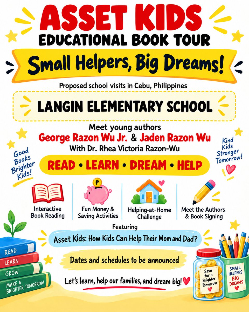 AssetKids's tweet photo. 📚 ASSET KIDS IS HEADING TO CEBU! 🇵🇭
🌟 Small Helpers, Big Dreams!
#AssetKids #SmallHelpersBigDreams #CebuBookTour #YoungAuthors #FinancialLiteracyForKids #HelpingAtHome https://t.co/6pAkM2XhuQ