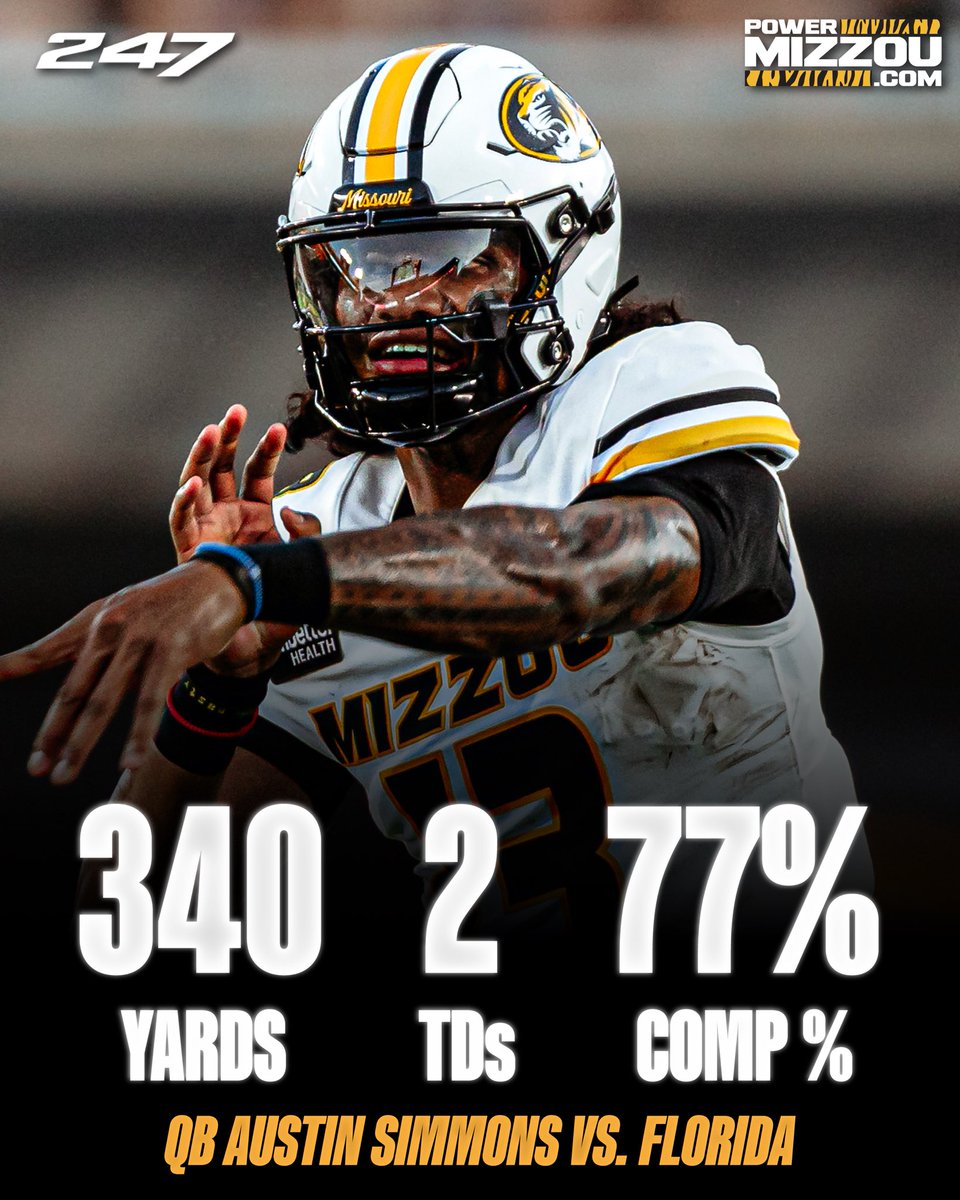 PowerMizzoucom's tweet photo. #Mizzou QB Austin Simmons put up crazy numbers against Florida 🔥

Check out our game rewind ⬇️

https://t.co/IBj56tqEcE https://t.co/jSkBmIEnxj