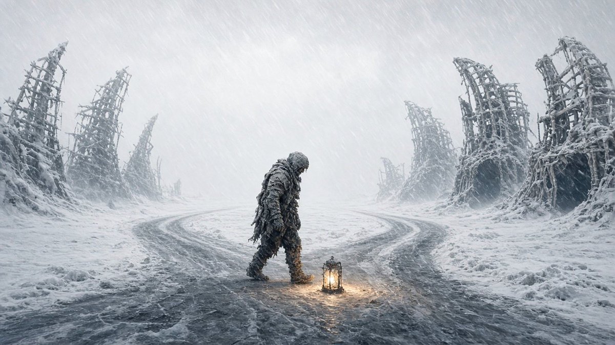 ThePaleImitator's tweet photo. At the crossroads the blizzard holds its breath; mercy arrives as a murmur between bone and debt.

#AIart #digitalart #scifi #futurism #crossroads #blizzard #cinematic https://t.co/AFPYl7tpM3