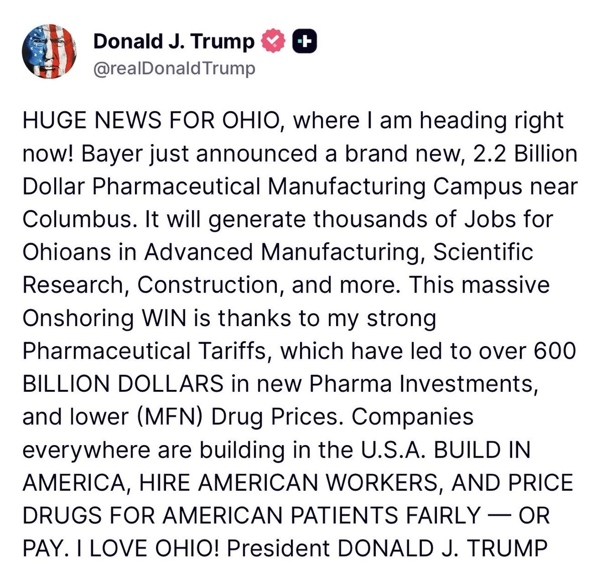 Americaleaks1's tweet photo. 🚨 HUGE!!! President Trump stuns Ohio with very great news. Thanks to Trump’s Tariffs, Bayer will build a NEW $2.2 BILLION dollar Pharmaceutical Manufacturing Campus

I ABSOLUTELY VOTED FOR THIS 🔥 https://t.co/Ab2Fxt7iJK