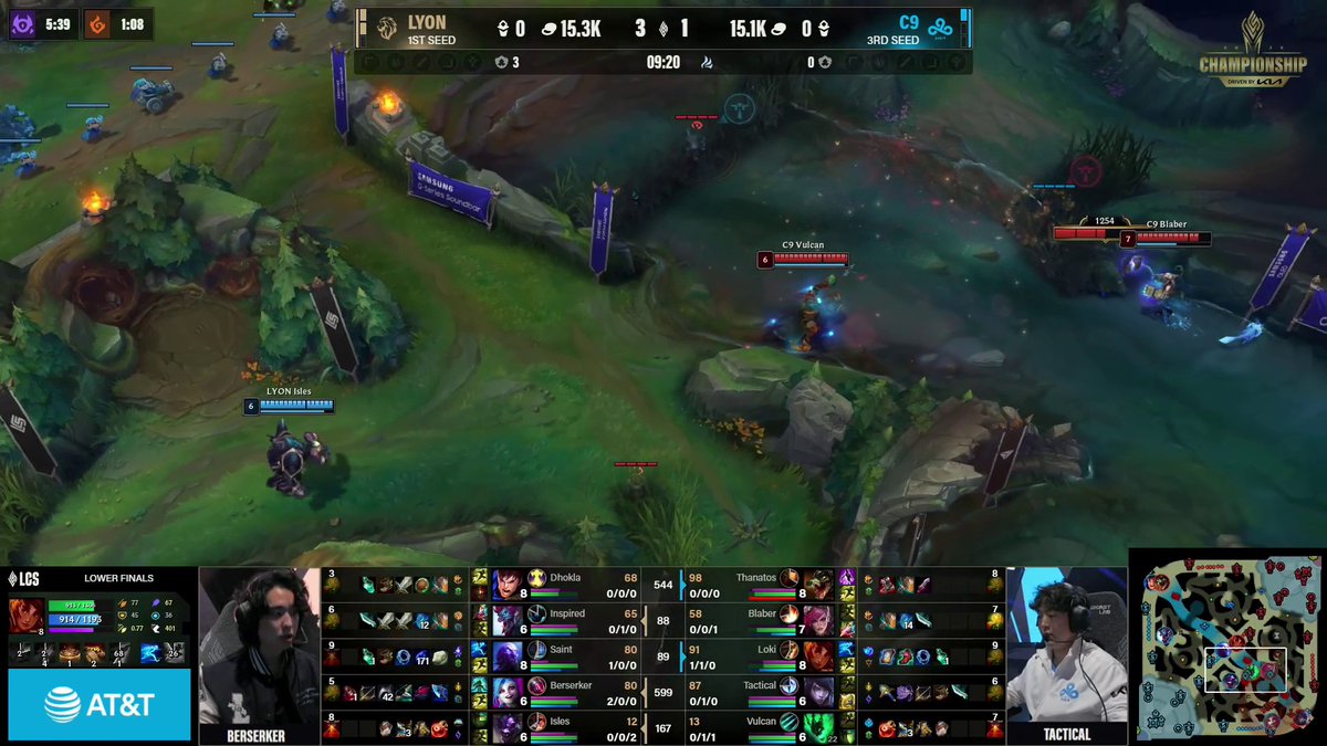 A League of Legends esports match between LYON (1st seed) and C9 (3rd seed) at 9:20 in-game time, showing a 3-1 kill lead for LYON with C9 Blaber (level 7) facing off against LYON Isles (level 6) in the bottom lane area of the map.

The image supports the post's caption by depicting the early-game situation where LYON has secured a 3-1 kill advantage despite C9 having slightly more gold (15.1K vs 15.3K), suggesting the "bot lane disaster" refers to C9's precarious positioning with Blaber shown at low health (1254) being contested near the river.