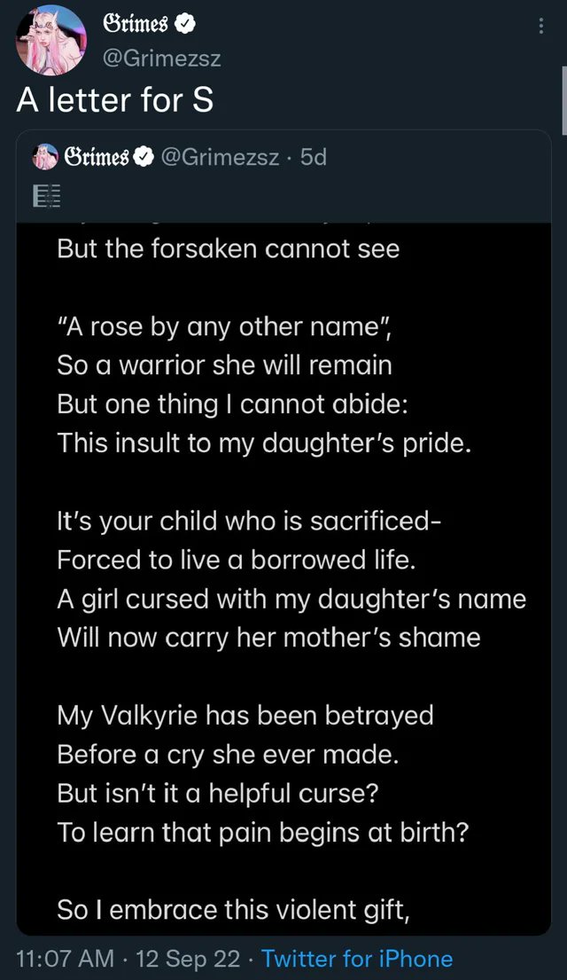 RMac18's tweet photo. The Shivon Zilis post shows how fast some can fall out of Elon Musk's orbit. Zilis herself previously replaced Grimes, after secretly carrying two of his kids at the same time Grimes was about to have a baby with Musk via a surrogate.

As we reported in our book, Character Limit, Zilis also named one of her babies "Valkyrie," a name that Grimes had planned to use for her own baby. Grimes ended up writing a song about Zilis that she tweeted (and later deleted).