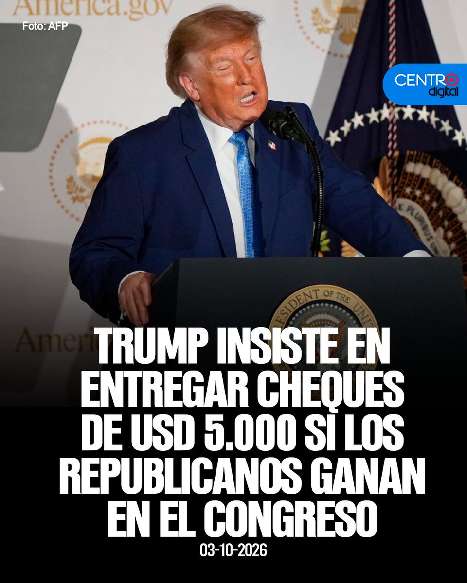 radiocentroec's tweet photo. #ATENCION | Trump insiste en entregar cheques de 5.000 dólares si los republicanos ganan las legislativas. La medida costaría un billón de dólares, financiada con aranceles. Además, anunció un subsidio de 100 dólares para jubilados con fondos de Medicare ante adversas encuestas electorales.
Los detalles➡️ https://t.co/w9RhlUjfKk