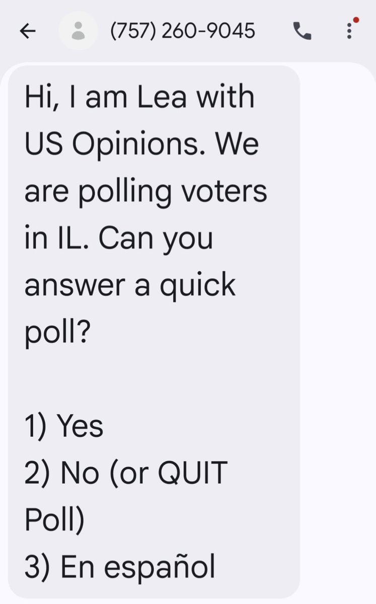 Dannic44's tweet photo. Someone posted this on Facebook.

CHICAGO, PAY ATTENTION TO THIS.

I've been getting emails and messages all day from people telling me they received a mayoral poll,and my name wasn't listed as an option. Every Candidate was listed except for me.

The text says
“Hi, I am Lea with US Opinions. We are polling voters in IL.
US Opinions says it conducts research on Americans' views about elections and public-policy issues, and its own terms state that clients can engage US Opinions to facilitate surveys. 

So I have some very simple questions.

WHO COMMISSIONED THIS POLL?
WHO PAID FOR IT?
WHAT CANDIDATES WERE INCLUDED?
AND WHY WAS I NOT INCLUDED?

If you're polling Chicago voters about the 2027 mayoral race, Chicagoans deserve to know who decided which candidates voters were allowed to choose from.

I'm running for Mayor of Chicago.
I'm collecting petitions.
I'm going into neighborhoods across this city.

I'm talking directly to Chicagoans.

YOU CAN LEAVE MY NAME OFF A POLL, BUT YOU CAN'T ERASE THE PEOPLE WHO ARE SUPPORTING THIS MOVEMENT.

If you received this poll and my name was missing, please screenshot the questions and send them to me. I want to document exactly what Chicago voters were shown.

Danielle Carter-Walters
Candidate for Mayor of Chicago 2027
RISE UP, CHICAGOANS. LET'S TAKE OUR CITY BACK.
 Email US OPINIONS and ask them why they left my name out.