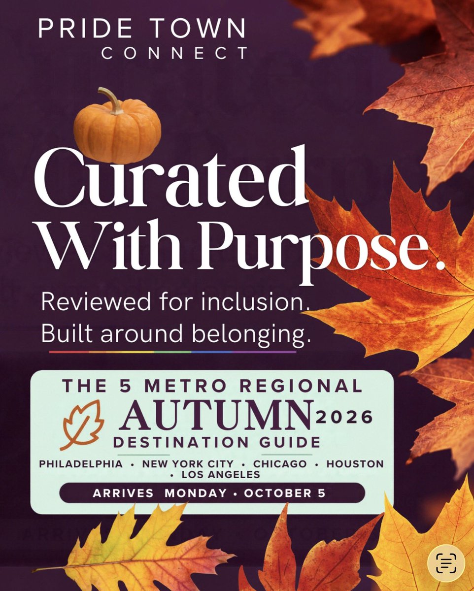 PrideTownCo's tweet photo. 🍂 Coming Monday: PTC’s 5 Metro Regional Autumn Destination Guide!

🏳️‍🌈 Philadelphia • NYC • Chicago • Houston • Los Angeles

Approved businesses can secure an evergreen placement for just $80.

Curated with purpose. Built around belonging. 💜

#PrideTownConnect https://t.co/hOCWvkwSBz