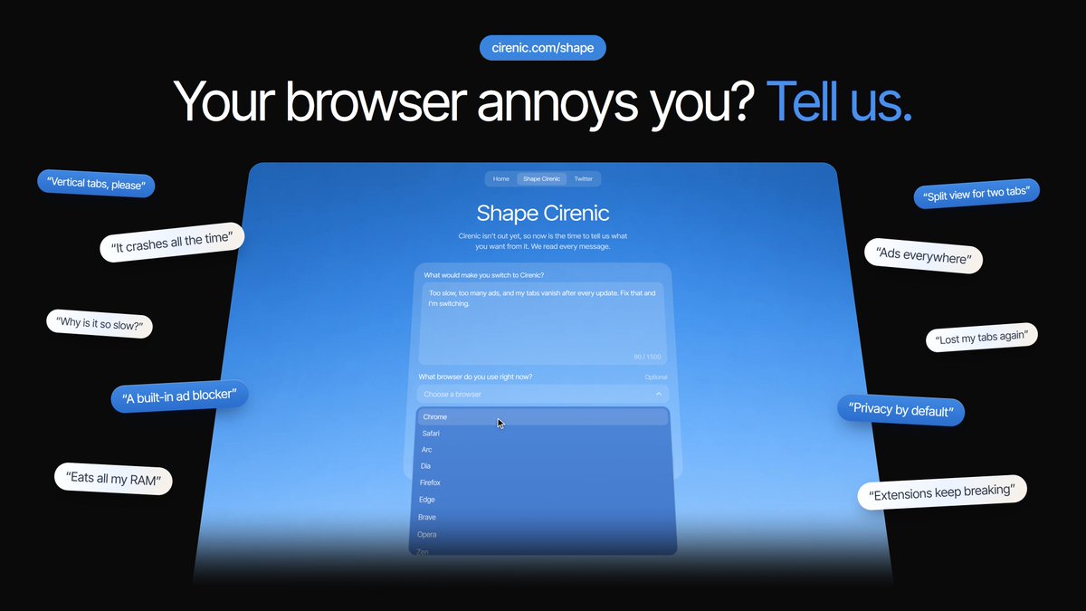 itsluneri's tweet photo. What would make you switch browsers?

Tell us at https://t.co/NHZoPbtMXi what you'd love to see in @CirenicBrowser, or what annoys you about your current one. We're still building, so your ideas can actually make it in! :D https://t.co/a8Fhedm8ay