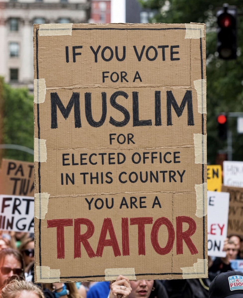 Luna_Jones79's tweet photo. A protest sign just called voting for a Muslim candidate treason. That is the line this crowd is drawing in public. Do you agree with them, or is that too far? https://t.co/FtGOwU6ZVR