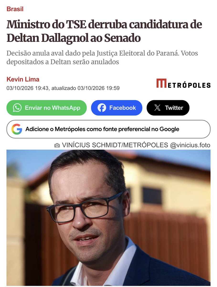 Jakelyneloiola_'s tweet photo. Isso sim é golpe! Um dia antes das eleições, derrubaram a candidatura de Deltan Dallagnol. Até onde vai essa interferência eleitoral, com perseguição escancarada para favorecer o PT? https://t.co/8JNY6ceDLQ