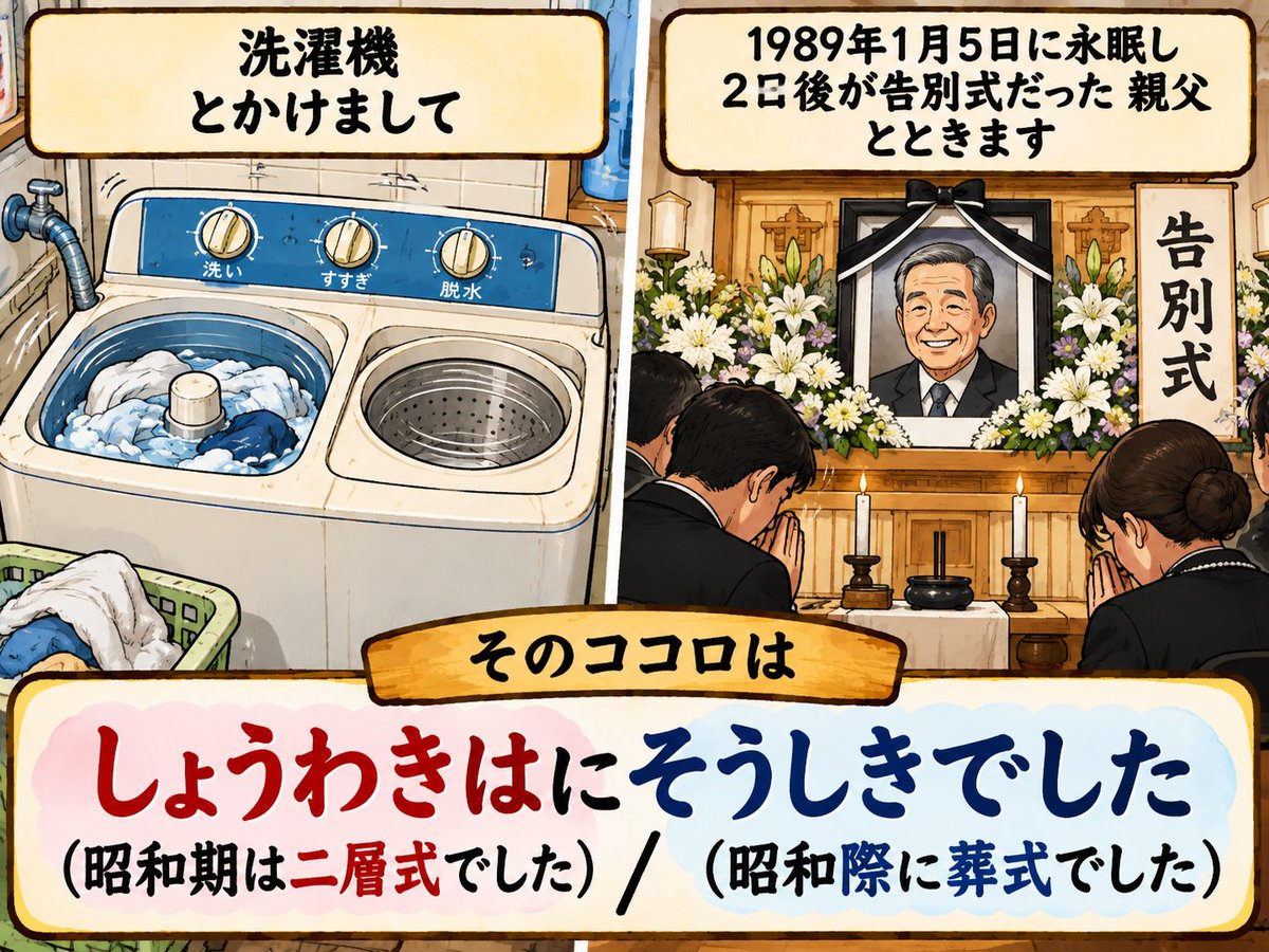 nazo_KAke002's tweet photo. なぞかけ#079

洗濯機
とかけまして
1989年1月5日に永眠し2日後が告別式だった親父
とときます

そのココロは
しょうわきはにそうしきでした
(昭和期は二層式でした/昭和際に葬式でした) https://t.co/ydnoytKrJB