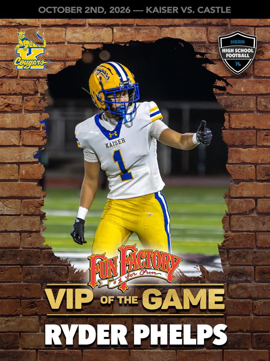HIsportsradio's tweet photo. SHOUTOUT 🗣️ to our High School Football @FunFactoryGames ‘VIP of the Game,’ Kaiser’s Ryder Phelps!
The Kaiser junior CB had four pass breakups and a momentum-shifting interception in the fourth quarter to help the Cougars hold back Castle in a 42-20 win.
#FunFactoryVIP https://t.co/UAlaEKuyvk