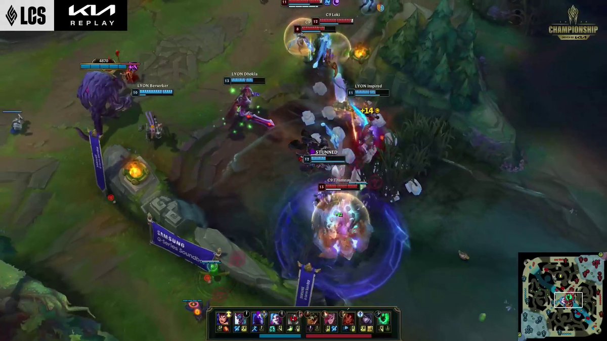 This image shows a League of Legends Championship Series replay featuring a chaotic team fight between C9 LoLi, C9 Thanatos, and LYON Berserker, Dhokla, and Inspired, with visible "STUNNED" status effects, "+14" gold gains, and the "Samsung Q-series Soundbars" banner. The intense mid-game skirmish at level 11-13 perfectly illustrates the post's claim about C9 coming ready to fight early in game four.