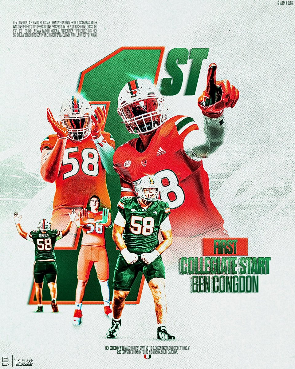 DJRSwework's tweet photo. Ben Congdon was a class of 2026 4⭐️ recruit from Tuscarawas County a very small town in Ohio he is a true freshman now for the Miami Hurricanes. Tonight he gets to check off a box — the box of earning his first collegiate start for the Canes on the road vs Clemson. @Bencongdon58 https://t.co/dnNiHyaZuS