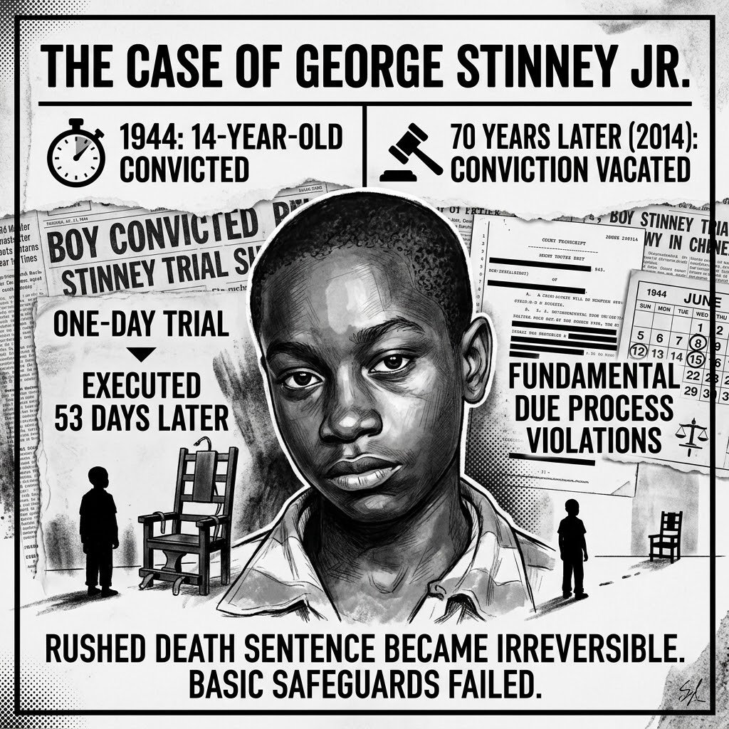 DARKCOMX's tweet photo. In 1944, 14-year-old George Stinney Jr. was convicted in a one-day trial and executed in South Carolina just 53 days later. Seventy years later, a judge vacated his conviction after finding fundamental due process violations. The case shows how quickly a death sentence could become irreversible when basic safeguards failed, leaving no chance to correct the verdict before Stinney was killed.

George Stinney Jr.'s Conviction Vacated