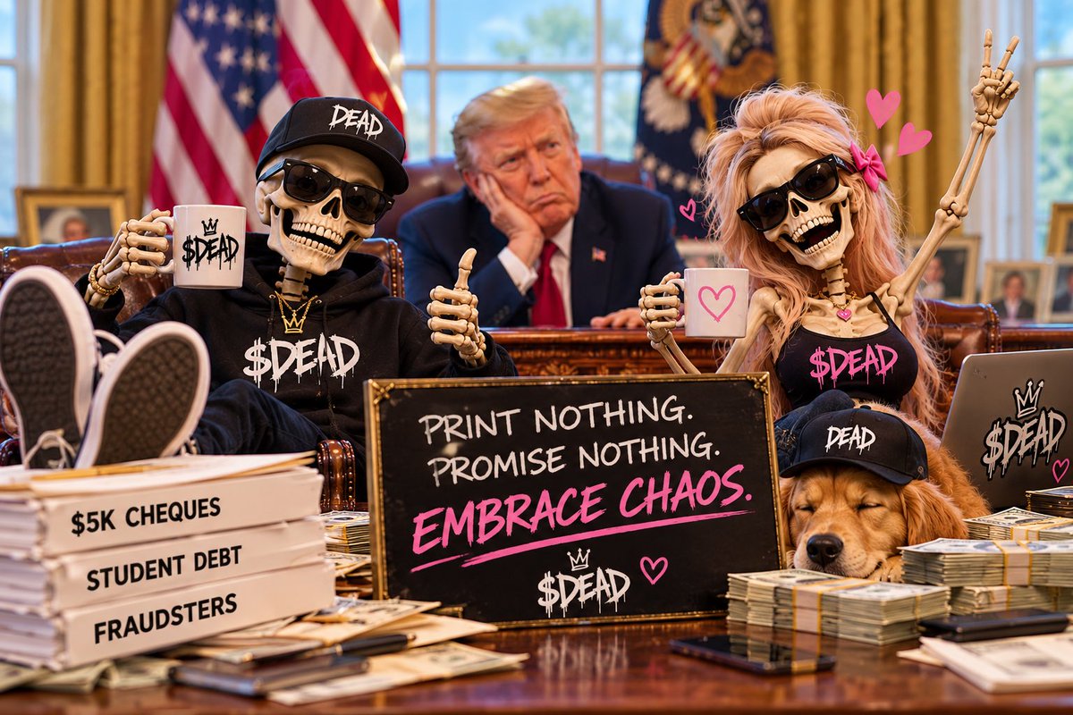 DeadInternet26's tweet photo. @realDonaldTrump 

$5K cheques. Student debt. Fraudsters.
Everyone’s arguing over who deserves the money.

Meanwhile $DEAD has a simpler economic policy:

Print nothing. Promise nothing. Embrace chaos. ☠️

The deficit is temporary.
$DEAD is forever.

#DEAD #Solana #Crypto #Memecoin