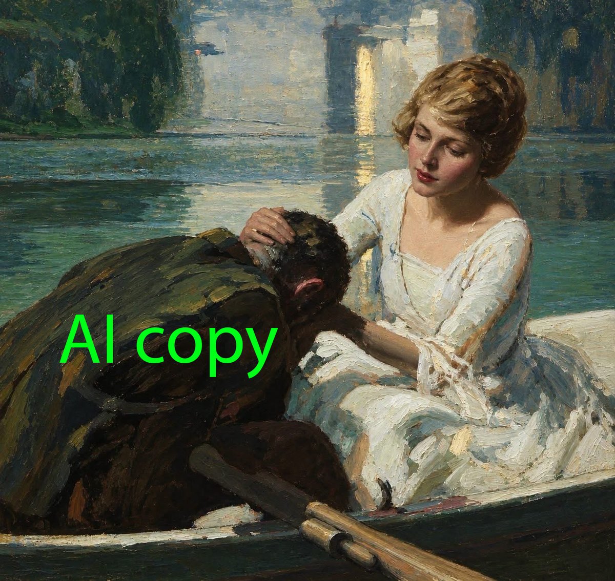 606R3's tweet photo. As if misattributions weren’t bad enough… yesterday numerous accounts posted an AI copy of a Dean Cornwell painting. It might only be a matter of time until AI tells you that the real canvases are the “fakes.” https://t.co/ywgmAQc0KZ
