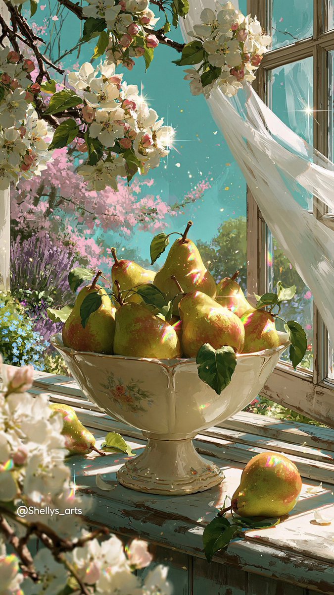 shellys_arts's tweet photo. Spring Came Bearing Fruit 🍓🍐🍒✨

Just ordinary fruits… until spring light gets involved. ✨🌈

✨ Wallpapers &amp; prints available on my Ko-fi - link in bio.
✨

#aiart #aiartist #fantasyart #pastelart https://t.co/sDgzhf8mOh