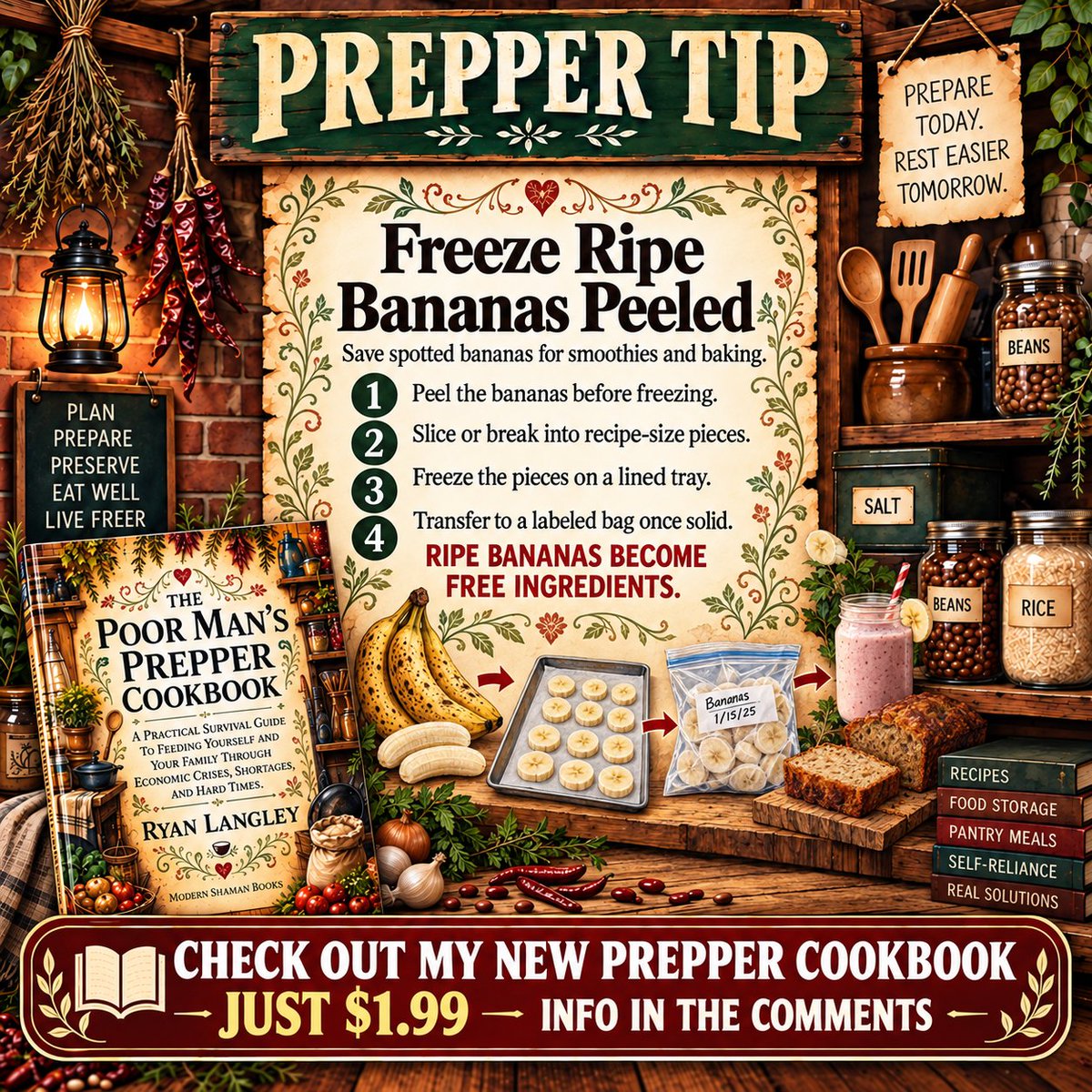 ModernShamanX's tweet photo. #PrepperTip ๐ Bananas going brown? Peel and freeze โ๏ธ Perfect for smoothies ๐ฅค or banana bread ๐ Never toss a banana again ๐๏ธ
Check out my new 181 page prepper cookbook for just $1.99
https://t.co/Qy80sz0Oj1
๐ https://t.co/wNg5qNsjtI ๐
#Prepper #Homestead #Survival https://t.co/FLJap8A7av