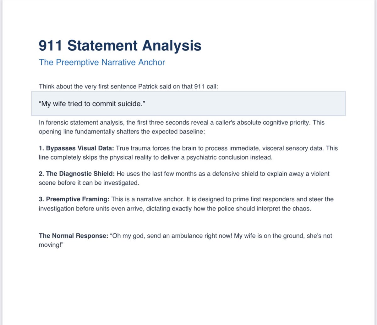 TruthAnswersAll's tweet photo. Think about the very first sentence Patrick said on that 911 call. In linguistic analysis it’s referred to as the preemptive narrative anchor. https://t.co/zr9x42YfyQ