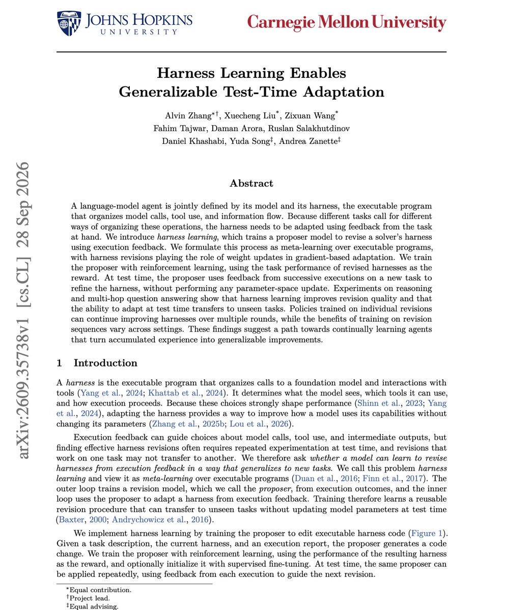 omarsar0's tweet photo. Banger paper from CMU on harness learning.

(bookmark it)

Also, pay attention to this important new AI engineering skill of improving agents by editing their harness code instead of their weights.

Seeing a huge shift towards this.

The authors train a proposer model with RL to read a task, the current harness and an execution report, then write a code edit to the harness.

The reward is the score of the revised harness. The solver model never changes.

A trained 4B proposer beats its 35B teacher at single-step revision on Reasoning Gym, including task families it never saw in training. A proposer trained on HotpotQA keeps improving harnesses on MuSiQue and 2WikiMultihopQA.

Paper: https://t.co/wpOoUqPF6r

Chat with Paper: https://t.co/1JHXwPwbhM