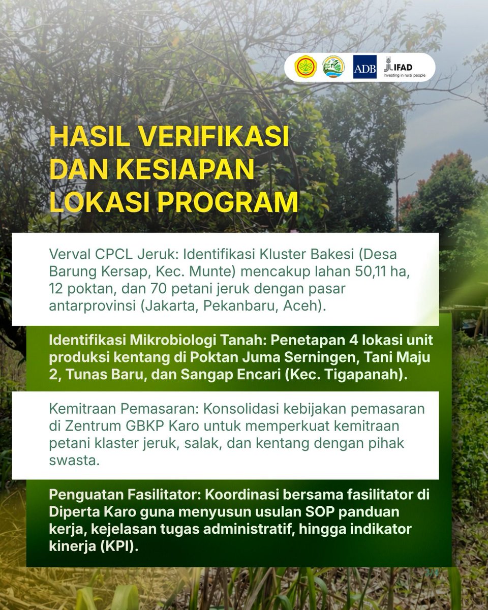 HddapHorti's tweet photo. Melalui peninjauan lapangan di Kecamatan Munte dan Tigapanah, tim berhasil memvalidasi kesiapan 50,11 hektar kluster jeruk serta menyepakati penetapan lokasi empat Unit Produksi Mikrobiologi Tanah dan tiga Bangunan Klinik PHT untuk komoditas kentang.

#Hortikultura #HDDAP #Ifad https://t.co/Tu4uipEePi