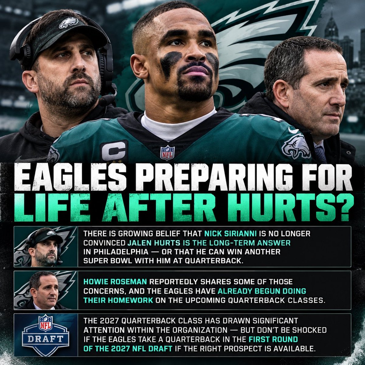 JackFletcherNFL's tweet photo. 🚨 BREAKING: The Philadelphia Eagles could be preparing for LIFE AFTER JALEN HURTS.

There is growing belief that Nick Sirianni is no longer convinced Hurts is the long-term answer in Philadelphia — or that the Eagles can win another Super Bowl with him at QB.

Howie Roseman reportedly shares some of those concerns, and Philadelphia has already begun doing its homework on the upcoming QB classes.

The 2027 class has drawn significant attention — but don’t rule out something MUCH sooner.

I’m told the Eagles could seriously consider a quarterback in the FIRST ROUND of the 2027 NFL Draft if the right prospect is available.

Philadelphia may be approaching a crossroads at quarterback. 👀🦅

#FlyEaglesFly #Eagles #NFLDraft