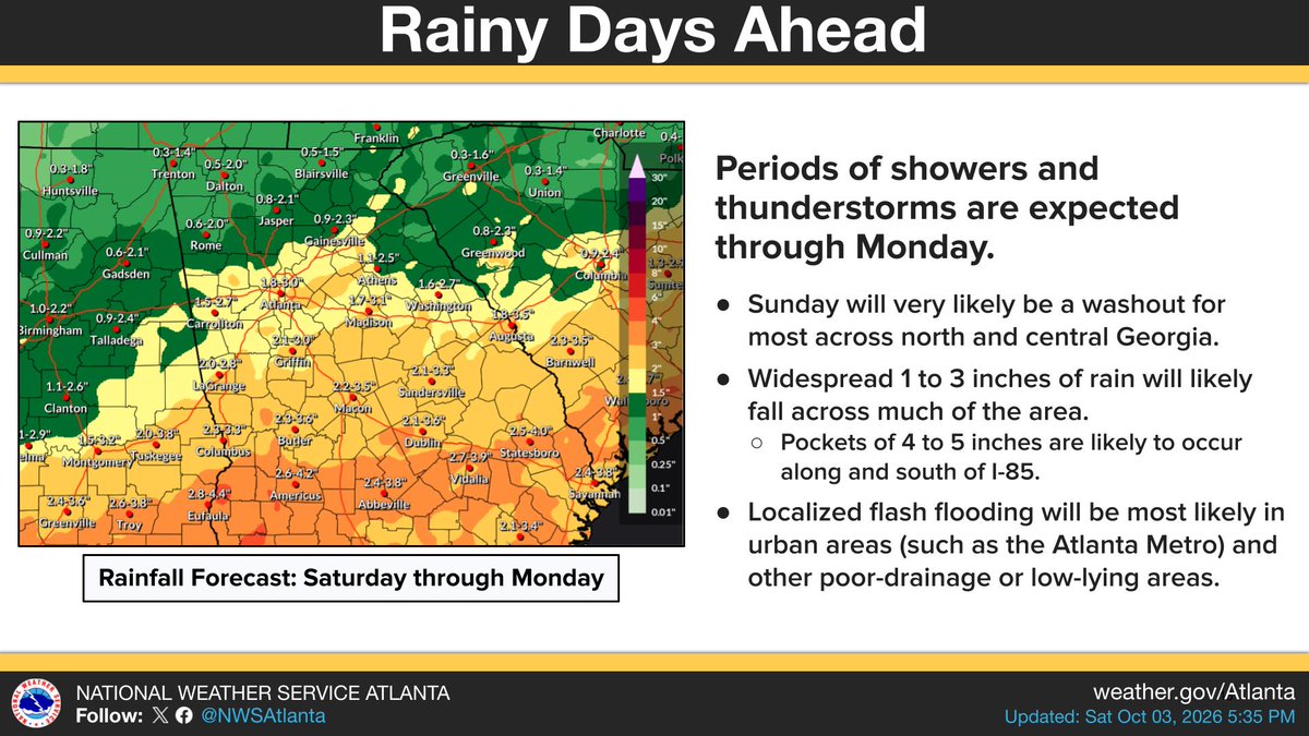 NWSAtlanta's tweet photo. Here's the rainfall forecast for the rest of today thru Monday. ☔️ Sunday will be a washout for most of north &amp; central GA. Like our previous post mentioned, the prime area for especially heavy rain &amp; potential localized flash flooding will be the I-85 corridor &amp; south. 🌧️ #gawx https://t.co/GGc0EfEcvg