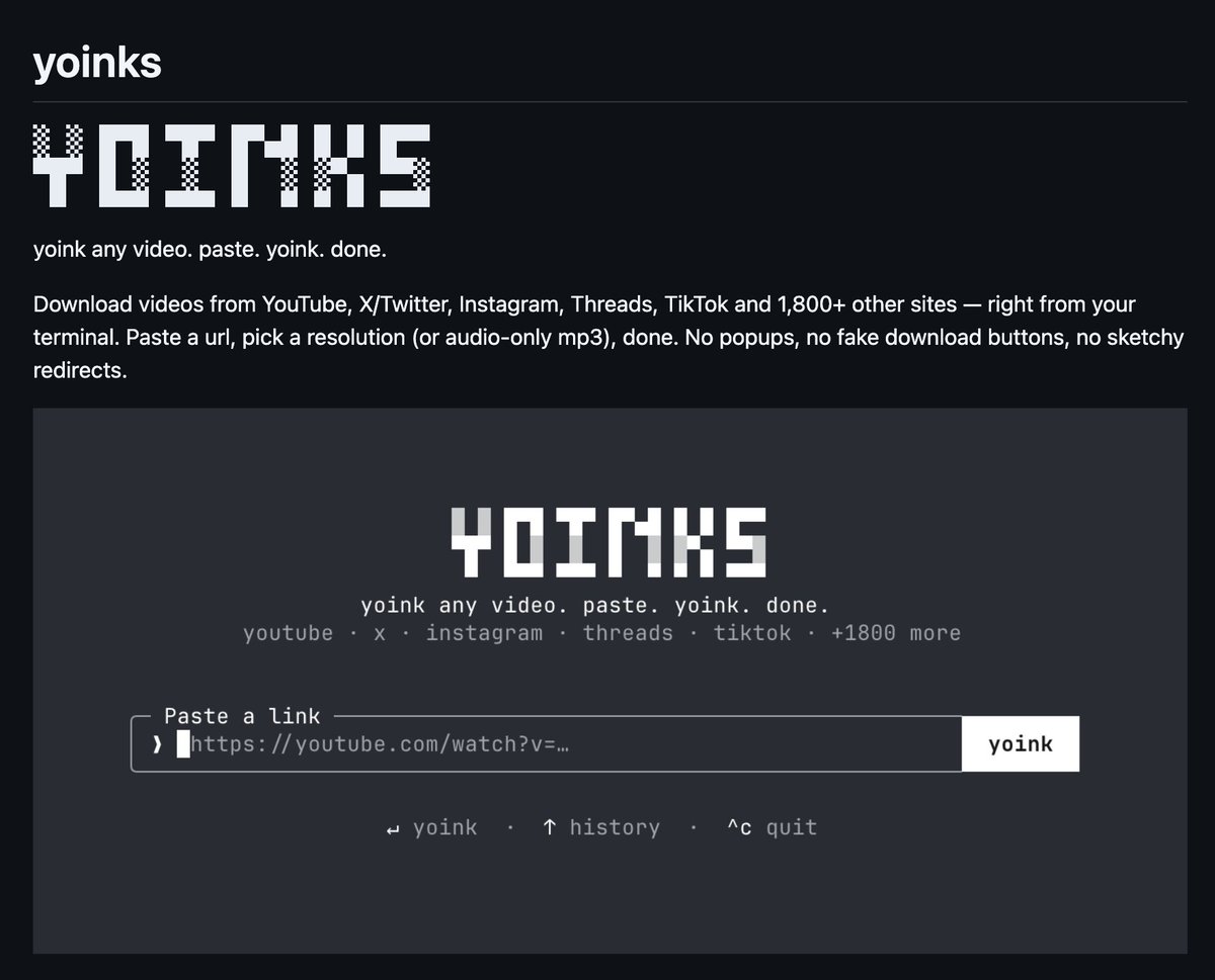 IntCyberDigest's tweet photo. ❗️ Yoinks is a free, open-source tool that pulls videos from YouTube, X, Instagram, Threads, TikTok and 1,800+ other sites straight from your terminal.

You paste a URL and it's done, with no popups, no fake download buttons and no sketchy redirects.

https://t.co/dz6TlNArg4 https://t.co/8itukPqJ5C