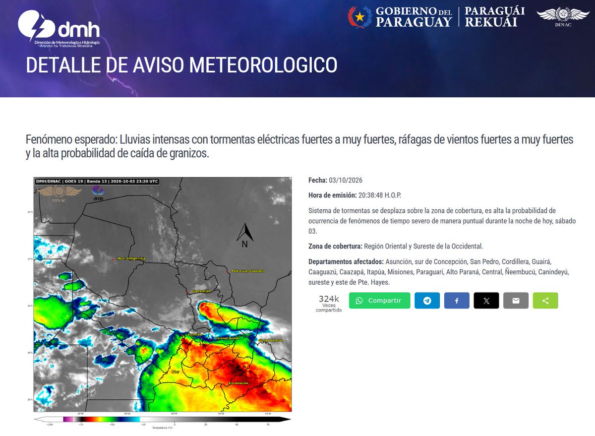 DMH_paraguay's tweet photo. Aviso Meteorológico N°: 1035/2026 Emitido.
Enlace: https://t.co/OZG2YFgwQN
Fecha: 03/10/2026
Hora: 20:38 h https://t.co/stp8CvjWzJ