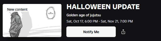ShenanigansNews's tweet photo. The Halloween Update for Jujutsu Shenanigans will be happening on October 17th.
Link to the event page https://t.co/qW59eZSi1x
#roblox #jujutsushenanigans #jjs #jjstwt https://t.co/bw5PmCKkWe
