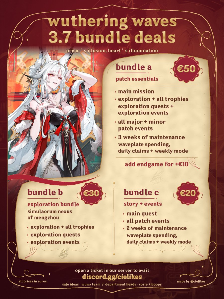 cielikes's tweet photo. ୨ 🏮 wuwa 3.7 piloting sale ୧
❝ new patch, less on your to-do list ❞

꒰ story + events ꒱ €20
⤿ new area exploration €25
⤿ two-character build bundle €50

. . choose your bundle from the posters
we’ll take care of the grind ෆ

open a ticket to avail: https://t.co/AmCoxqhGTX
#wutheringwaves #wuwa #hsin