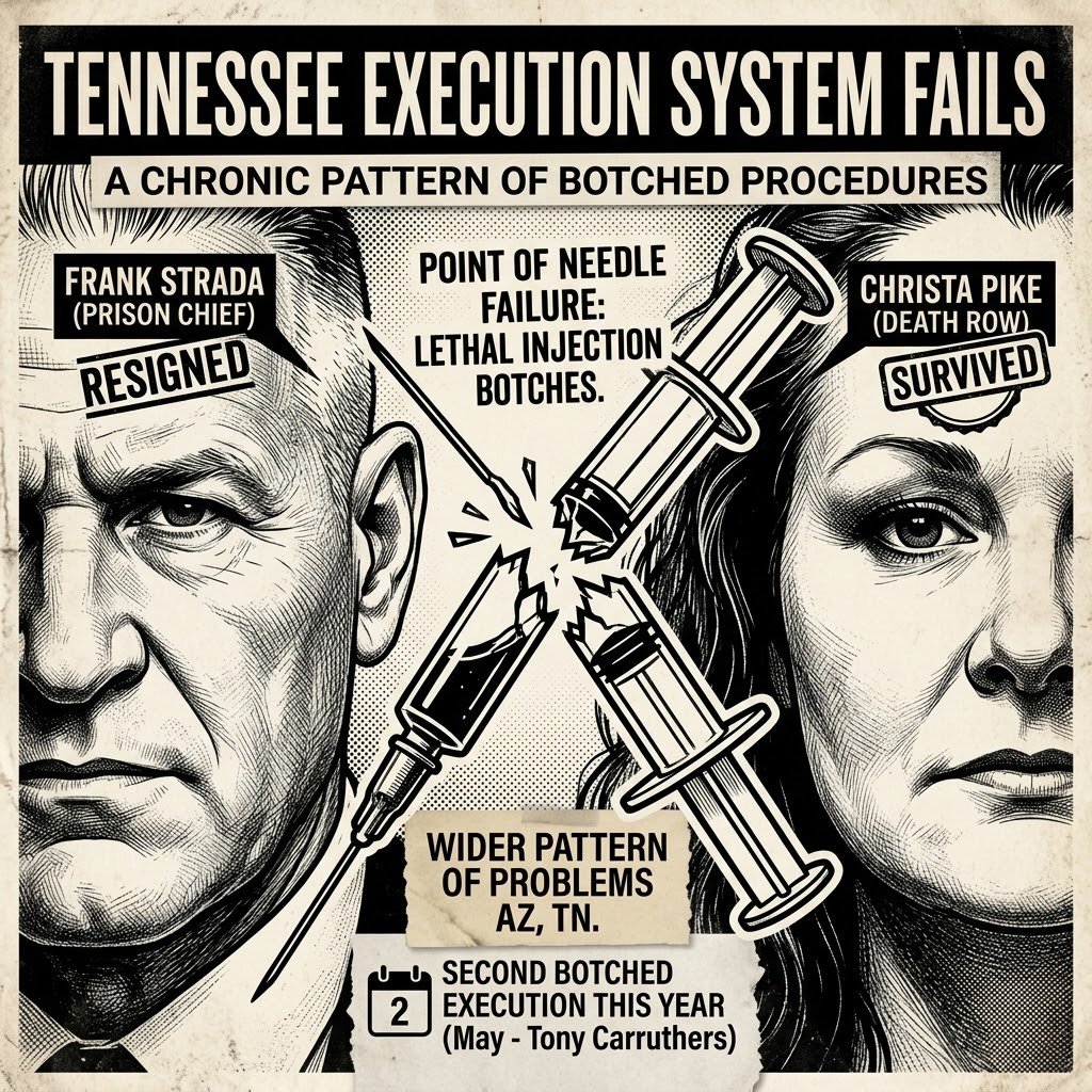 DARKCOMX's tweet photo. Tennessee’s prison chief Frank Strada resigned after a failed lethal injection attempt on Christa Pike, who survived two doses. It was the state’s second botched execution this year, after Tony Carruthers’ execution was halted in May following more than an hour of failed IV attempts. Strada had also overseen difficult executions in Arizona, putting his departure in a wider pattern of problems with lethal injection.

Tennessee’s execution system keeps failing at the point of the needle.