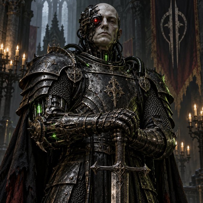 A dark fantasy digital artwork of a half-human, half-robotic warrior with a red mechanical eye, wearing intricate black armor with green glowing tubes, holding a sword in a gothic setting.