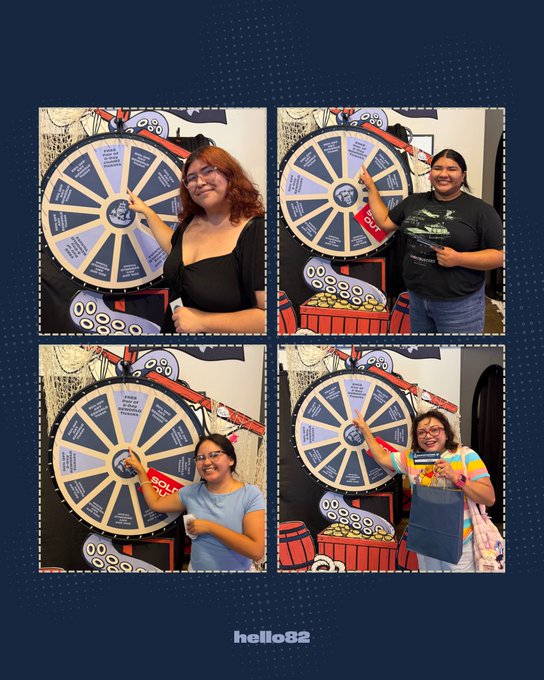 A four-panel collage showing different women posing with a large spinning wheel, holding prizes with a 'hello82' watermark at the bottom.