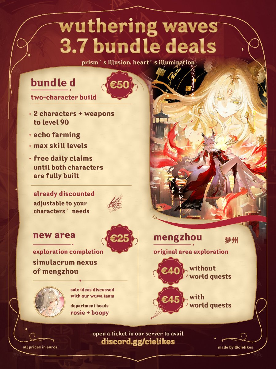 cielikes's tweet photo. ୨ 🏮 wuwa 3.7 piloting sale ୧
❝ new patch, less on your to-do list ❞

꒰ story + events ꒱ €20
⤿ new area exploration €25
⤿ two-character build bundle €50

. . choose your bundle from the posters
we’ll take care of the grind ෆ

open a ticket to avail: https://t.co/AmCoxqhGTX
#wutheringwaves #wuwa #hsin