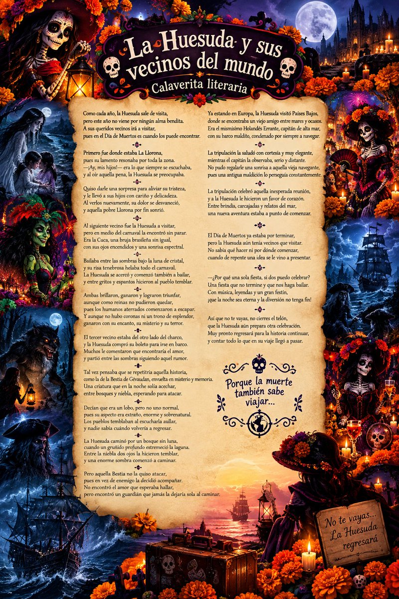 PhantomDanyy's tweet photo. Una calavera literaria, la HUESUDA LE ARA UNA VISITA A  ALGUNOS DE SUS VECINOS COMO. LA LLORONA, LA CUCA( BRASIL), LA BESTIA DE GUAVAN ( FRANCIA) Y EL HOLANDES ERRANTE ( PAISES BAJOS). #blog #blogger #calaveritalitetaria #Halloween #DiaDeMuertos #creadordehistorias https://t.co/JcQibshmwS