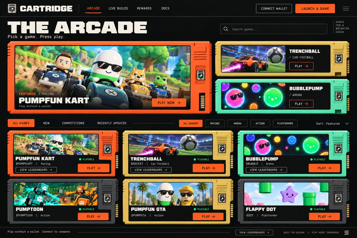 cartridgefun's tweet photo. How a coin becomes a game on Cartridge :

1. You describe an idea and launch on https://t.co/aULpV5RZIe from your own wallet. One approval.
2. An AI builder writes a requirements checklist from your idea.
3. A first playable version goes live right away.
4. The agent builds the real game in 3D, tests it in a browser, and only publishes what passes.
5. Every version is kept. A failed update never replaces a working one.

Games run on an isolated origin with no wallet access. Scores use server-issued runs and checks before any reward.

Built on Solana. https://t.co/hZvNGIcw1f