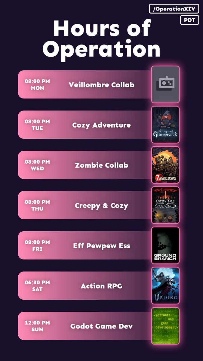 XIVYTV's tweet photo. Stream schedule for the week of 10/5-10/11, including two horror collaborations, zombies, and vampires! NOTE: Game dev streams have been moved from Mondays to Sundays (same time, PDT). #operationxiv #twitch https://t.co/vsjMawxzG6