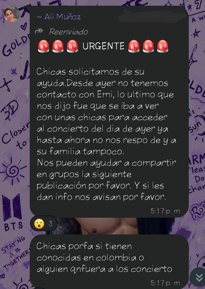 JiJixhope's tweet photo. ARMY DE COLOMBIA 🇨🇴 me ayudan a difundir o la han visto??

Es ARMY de Monterrey, México y se llama Emi Hongo desde ayer no se sabe noticias de ella desde que entro al concierto de ayer, no le responde a sus amigas ni a sus familiares ❗

Rt para llegar a más pliss https://t.co/qAWFjVRKk4