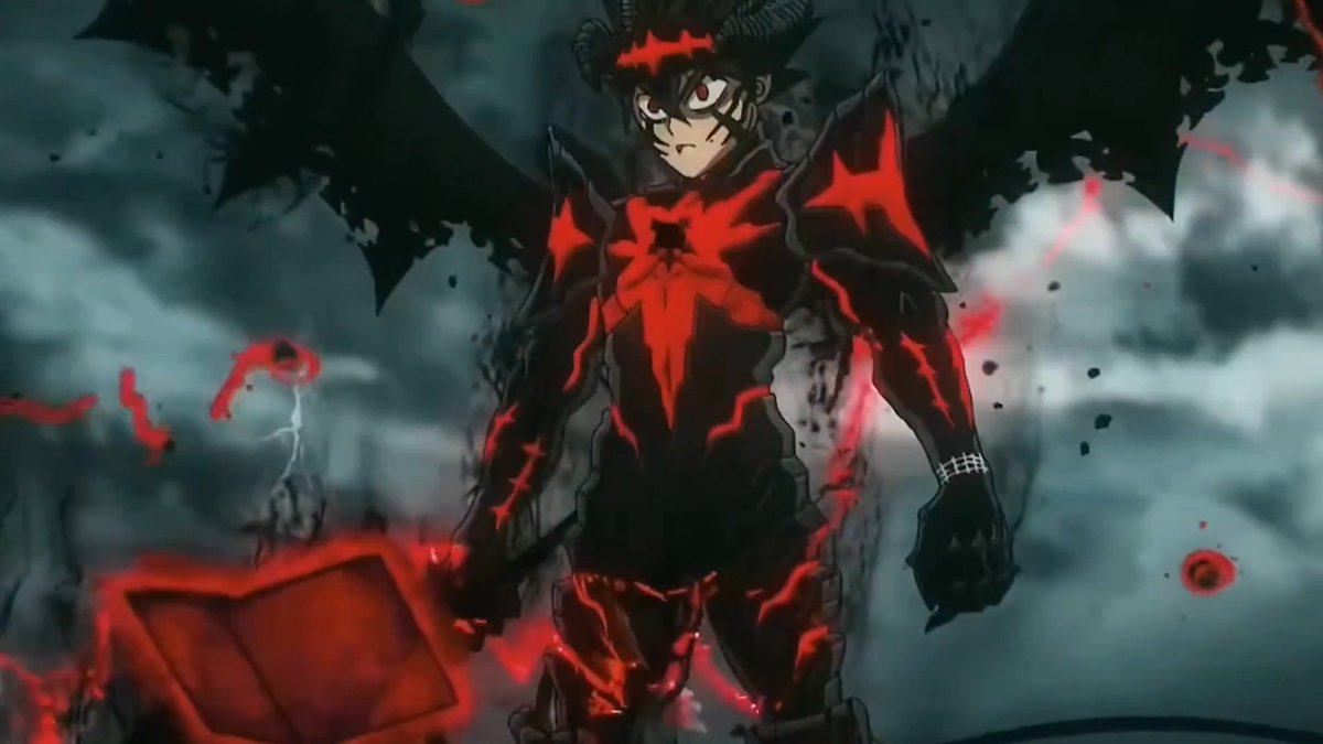 A winged anime figure in black and red armor stands against a stormy sky, evoking the Black Clover characters mentioned in the post about the Fortnite crossover. The dark, demonic aesthetic with glowing red accents aligns with the Fortnitemares theme and the magical, battle-ready look of Asta, Noelle, or Yuno.