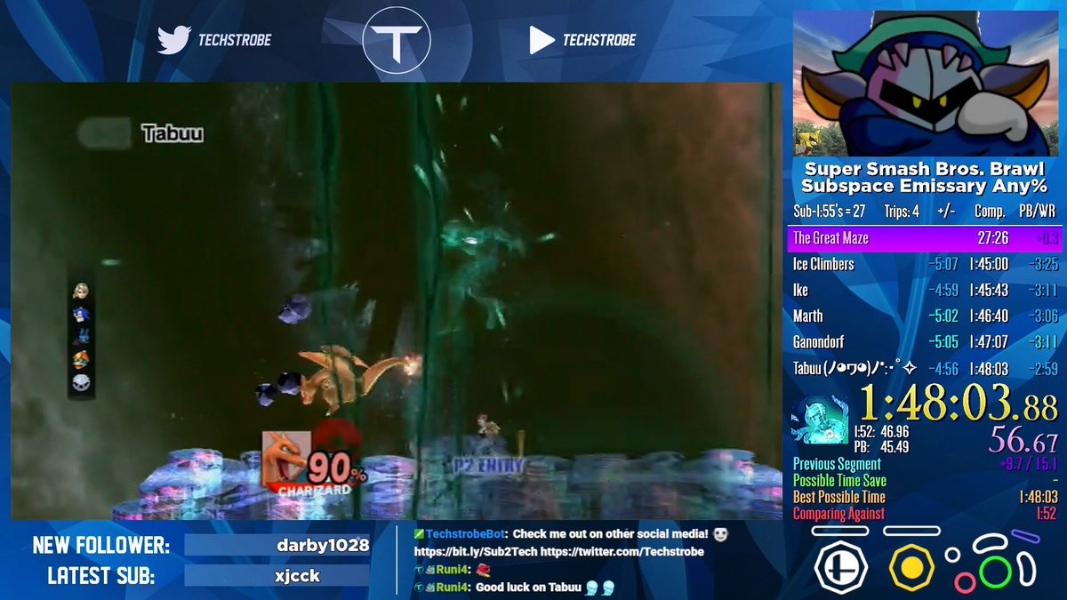 Techstrobe's tweet photo. Subspace Emissary Any% is dead. First ever Sub-1:50 run. Top tier gameplay + ~1m40s from 3 Reverse Pause Glitches yet without them this wouldve barely been a 1:49... No Snake Skip, 1m05s lost in the final 3 minutes, but large majority of the gameplay was great. Can't complain. :) https://t.co/3AKcIsXLID