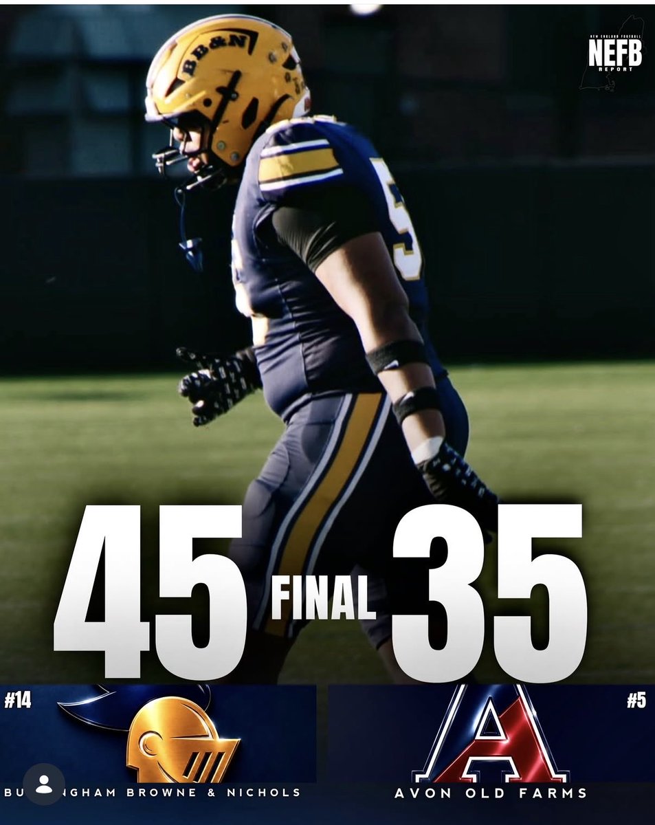 AlexAgrellaRB's tweet photo. This wasn’t on my bingo card today

BB&amp;N stunned Avon 45–35 in one of the season’s biggest upsets. QB Ethan Hatch threw 4 TDs to lead the Knights.

Huge win for Coach Willey, BB&amp;N, and Class B as a whole. @Coach_Willey_FB 

(Graphic NEFBReport) https://t.co/d0lQdRPFGc